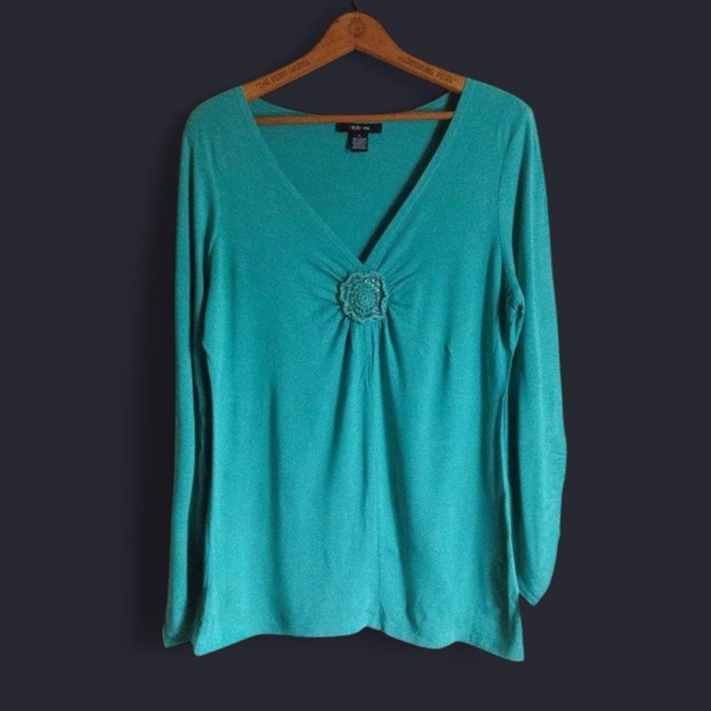 Style & Co. | Blue Green V-Neck Long Sleeve Blouse